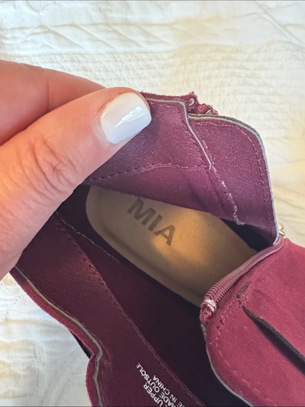 MIA Burgundy Suede Ankle Booties with Wrap Strap and Block Heel